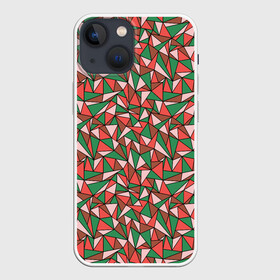 Чехол для iPhone 13 mini с принтом Абстракция из красных и зеленых треугольников в Новосибирске,  |  | abstraction | lines | triangles | абстракция | зеленый | коричневый | красный | линии | молодежный | розовый | треугольники | узор | фигуры