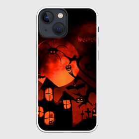 Чехол для iPhone 13 mini с принтом Красная луна на Хэллоуин в Новосибирске,  |  | bats | evil spirits | graveyard with crosses | halloween | happy halloween | holiday | night | pumpkins | red moon | spider | кладбище с крестами | красная луна | летучие мыши | нечисть | ночь | паук | праздник | тыквы | хэллоуин