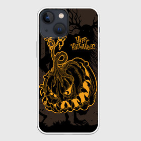 Чехол для iPhone 13 mini с принтом Зубастая тыква на Хэллоуин в Новосибирске,  |  | dark forest | fangs | fear | halloween | happy halloween | holiday | night monster | toothy pumpkin | зубастая тыква | клыки | мрачный лес | ночное чудовище | праздник | хэллоуин