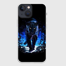 Чехол для iPhone 13 mini с принтом Черная пантера пятна краски в Новосибирске,  |  | black panther | panthera | большая кошка | красивая кошка | пантера | пятна краски | синяя краска | хищный зверь | черная пантера
