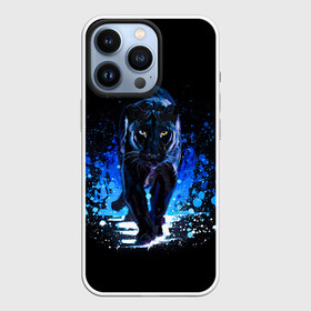 Чехол для iPhone 13 Pro с принтом Черная пантера пятна краски в Новосибирске,  |  | black panther | panthera | большая кошка | красивая кошка | пантера | пятна краски | синяя краска | хищный зверь | черная пантера