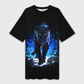 Платье-футболка 3D с принтом Черная пантера пятна краски в Новосибирске,  |  | black panther | panthera | большая кошка | красивая кошка | пантера | пятна краски | синяя краска | хищный зверь | черная пантера
