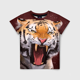 Детская футболка 3D с принтом Тигр красавчик сердится в Новосибирске, 100% гипоаллергенный полиэфир | прямой крой, круглый вырез горловины, длина до линии бедер, чуть спущенное плечо, ткань немного тянется | 2022 | aggressive | angry | fangs | new year | open mouth | predator | tiger | year of the tiger | агрессивный | год тигра | клыки | новый год | открытая пасть | сердитый | тигр | хищник