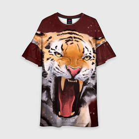 Детское платье 3D с принтом Тигр красавчик сердится в Новосибирске, 100% полиэстер | прямой силуэт, чуть расширенный к низу. Круглая горловина, на рукавах — воланы | 2022 | aggressive | angry | fangs | new year | open mouth | predator | tiger | year of the tiger | агрессивный | год тигра | клыки | новый год | открытая пасть | сердитый | тигр | хищник