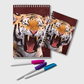 Блокнот с принтом Тигр красавчик сердится в Новосибирске, 100% бумага | 48 листов, плотность листов — 60 г/м2, плотность картонной обложки — 250 г/м2. Листы скреплены удобной пружинной спиралью. Цвет линий — светло-серый
 | 2022 | aggressive | angry | fangs | new year | open mouth | predator | tiger | year of the tiger | агрессивный | год тигра | клыки | новый год | открытая пасть | сердитый | тигр | хищник
