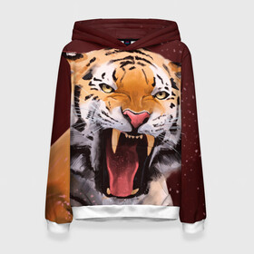 Женская толстовка 3D с принтом Тигр красавчик сердится в Новосибирске, 100% полиэстер  | двухслойный капюшон со шнурком для регулировки, мягкие манжеты на рукавах и по низу толстовки, спереди карман-кенгуру с мягким внутренним слоем. | 2022 | aggressive | angry | fangs | new year | open mouth | predator | tiger | year of the tiger | агрессивный | год тигра | клыки | новый год | открытая пасть | сердитый | тигр | хищник