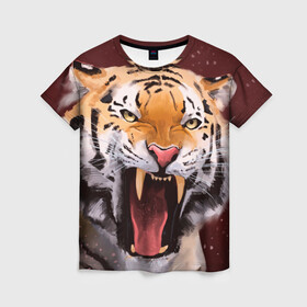 Женская футболка 3D с принтом Тигр красавчик сердится в Новосибирске, 100% полиэфир ( синтетическое хлопкоподобное полотно) | прямой крой, круглый вырез горловины, длина до линии бедер | 2022 | aggressive | angry | fangs | new year | open mouth | predator | tiger | year of the tiger | агрессивный | год тигра | клыки | новый год | открытая пасть | сердитый | тигр | хищник