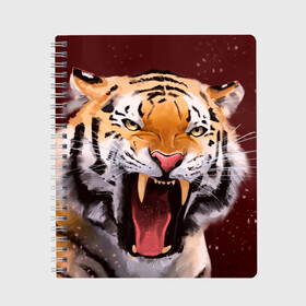 Тетрадь с принтом Тигр красавчик сердится в Новосибирске, 100% бумага | 48 листов, плотность листов — 60 г/м2, плотность картонной обложки — 250 г/м2. Листы скреплены сбоку удобной пружинной спиралью. Уголки страниц и обложки скругленные. Цвет линий — светло-серый
 | 2022 | aggressive | angry | fangs | new year | open mouth | predator | tiger | year of the tiger | агрессивный | год тигра | клыки | новый год | открытая пасть | сердитый | тигр | хищник