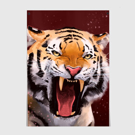 Постер с принтом Тигр красавчик сердится в Новосибирске, 100% бумага
 | бумага, плотность 150 мг. Матовая, но за счет высокого коэффициента гладкости имеет небольшой блеск и дает на свету блики, но в отличии от глянцевой бумаги не покрыта лаком | 2022 | aggressive | angry | fangs | new year | open mouth | predator | tiger | year of the tiger | агрессивный | год тигра | клыки | новый год | открытая пасть | сердитый | тигр | хищник