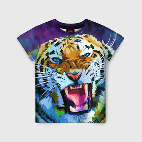 Детская футболка 3D с принтом Рычащий Шархан в Новосибирске, 100% гипоаллергенный полиэфир | прямой крой, круглый вырез горловины, длина до линии бедер, чуть спущенное плечо, ткань немного тянется | 2022 | evil face | growling | new year | pop art | predator | tiger | year of the tiger | год тигра | новый год | поп арт | рычащий | тигр | хищник