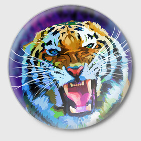 Значок с принтом Рычащий Шархан в Новосибирске,  металл | круглая форма, металлическая застежка в виде булавки | 2022 | evil face | growling | new year | pop art | predator | tiger | year of the tiger | год тигра | новый год | поп арт | рычащий | тигр | хищник