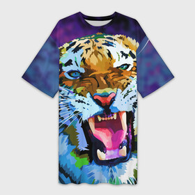 Платье-футболка 3D с принтом Рычащий Шархан в Новосибирске,  |  | 2022 | evil face | growling | new year | pop art | predator | tiger | year of the tiger | год тигра | новый год | поп арт | рычащий | тигр | хищник
