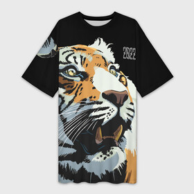 Платье-футболка 3D с принтом Тигр перед атакой в Новосибирске,  |  | 2022 | before the attack | look | new year | open mouth | predator | tiger | year of the tiger | взгляд | год тигра | новый год | открытая пасть | перед атакой | тигр | хищник