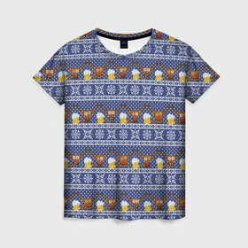 Женская футболка 3D с принтом Олени отдыхают в Новосибирске, 100% полиэфир ( синтетическое хлопкоподобное полотно) | прямой крой, круглый вырез горловины, длина до линии бедер | вязанный | новогодний | олень | паттерн | рождественский | с оленями | свитер | узор