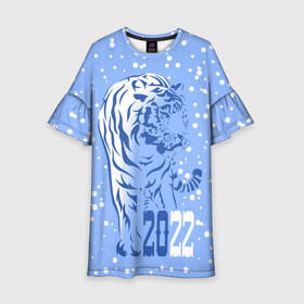 Детское платье 3D с принтом Голубой водяной тигр в Новосибирске, 100% полиэстер | прямой силуэт, чуть расширенный к низу. Круглая горловина, на рукавах — воланы | 2022 | beast | blue water tiger | is coming | new year | predator | strength and tranquility | year of the tiger | год тигра | зверь | зима | идет | новый год | сила и спокойствие | снег | хищник