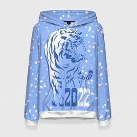 Женская толстовка 3D с принтом Голубой водяной тигр в Новосибирске, 100% полиэстер  | двухслойный капюшон со шнурком для регулировки, мягкие манжеты на рукавах и по низу толстовки, спереди карман-кенгуру с мягким внутренним слоем. | 2022 | beast | blue water tiger | is coming | new year | predator | strength and tranquility | year of the tiger | год тигра | зверь | зима | идет | новый год | сила и спокойствие | снег | хищник