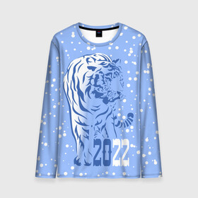 Мужской лонгслив 3D с принтом Голубой водяной тигр в Новосибирске, 100% полиэстер | длинные рукава, круглый вырез горловины, полуприлегающий силуэт | 2022 | beast | blue water tiger | is coming | new year | predator | strength and tranquility | year of the tiger | год тигра | зверь | зима | идет | новый год | сила и спокойствие | снег | хищник