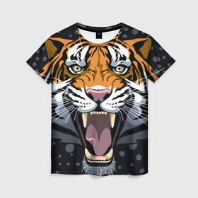 Женская футболка 3D с принтом Амурский тигр в ночи в Новосибирске, 100% полиэфир ( синтетическое хлопкоподобное полотно) | прямой крой, круглый вырез горловины, длина до линии бедер | 2022 | aggression | amur tiger | beast | grin | new year | night | open mouth | predator | snowfall | winter | year of the tiger | агрессия | амурский тигр | год тигра | зверь | зима | новый год | ночь | оскал | открытая пасть | снегопад | хищник