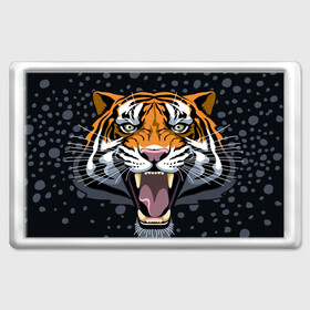 Магнит 45*70 с принтом Амурский тигр в ночи в Новосибирске, Пластик | Размер: 78*52 мм; Размер печати: 70*45 | 2022 | aggression | amur tiger | beast | grin | new year | night | open mouth | predator | snowfall | winter | year of the tiger | агрессия | амурский тигр | год тигра | зверь | зима | новый год | ночь | оскал | открытая пасть | снегопад | хищник