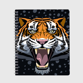 Тетрадь с принтом Амурский тигр в ночи в Новосибирске, 100% бумага | 48 листов, плотность листов — 60 г/м2, плотность картонной обложки — 250 г/м2. Листы скреплены сбоку удобной пружинной спиралью. Уголки страниц и обложки скругленные. Цвет линий — светло-серый
 | Тематика изображения на принте: 2022 | aggression | amur tiger | beast | grin | new year | night | open mouth | predator | snowfall | winter | year of the tiger | агрессия | амурский тигр | год тигра | зверь | зима | новый год | ночь | оскал | открытая пасть | снегопад | хищник