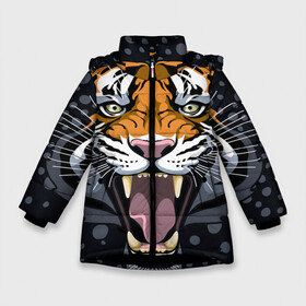 Зимняя куртка для девочек 3D с принтом Амурский тигр в ночи в Новосибирске, ткань верха — 100% полиэстер; подклад — 100% полиэстер, утеплитель — 100% полиэстер. | длина ниже бедра, удлиненная спинка, воротник стойка и отстегивающийся капюшон. Есть боковые карманы с листочкой на кнопках, утяжки по низу изделия и внутренний карман на молнии. 

Предусмотрены светоотражающий принт на спинке, радужный светоотражающий элемент на пуллере молнии и на резинке для утяжки. | Тематика изображения на принте: 2022 | aggression | amur tiger | beast | grin | new year | night | open mouth | predator | snowfall | winter | year of the tiger | агрессия | амурский тигр | год тигра | зверь | зима | новый год | ночь | оскал | открытая пасть | снегопад | хищник