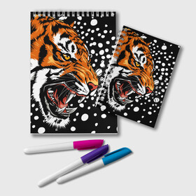 Блокнот с принтом Амурский тигр и снегопад в Новосибирске, 100% бумага | 48 листов, плотность листов — 60 г/м2, плотность картонной обложки — 250 г/м2. Листы скреплены удобной пружинной спиралью. Цвет линий — светло-серый
 | Тематика изображения на принте: 2022 | amur tiger | beast | grin | new year | night | open mouth | predator | profile | snowfall | winter | year of the tiger | амурский тигр | год тигра | зверь | зима | новый год | ночь | оскал | открытая пасть | профиль | снегопад | хищник