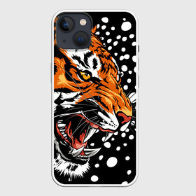 Чехол для iPhone 13 с принтом Амурский тигр и снегопад в Новосибирске,  |  | 2022 | amur tiger | beast | grin | new year | night | open mouth | predator | profile | snowfall | winter | year of the tiger | амурский тигр | год тигра | зверь | зима | новый год | ночь | оскал | открытая пасть | профиль | снегопад | хищник