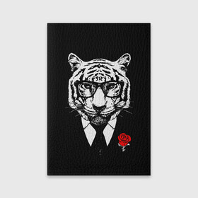 Обложка для паспорта матовая кожа с принтом Тигр с красной розой в Новосибирске, натуральная матовая кожа | размер 19,3 х 13,7 см; прозрачные пластиковые крепления | Тематика изображения на принте: 2022 | authority | black suit | godfather | holiday | mafia | new year | red rose | year of the tiger | авторитет | год тигра | красная роза | крестный отец | мафия | новый год | праздник | тигр в очках | черный костюм