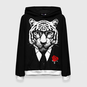Женская толстовка 3D с принтом Тигр с красной розой в Новосибирске, 100% полиэстер  | двухслойный капюшон со шнурком для регулировки, мягкие манжеты на рукавах и по низу толстовки, спереди карман-кенгуру с мягким внутренним слоем. | 2022 | authority | black suit | godfather | holiday | mafia | new year | red rose | year of the tiger | авторитет | год тигра | красная роза | крестный отец | мафия | новый год | праздник | тигр в очках | черный костюм