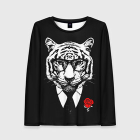 Женский лонгслив 3D с принтом Тигр с красной розой в Новосибирске, 100% полиэстер | длинные рукава, круглый вырез горловины, полуприлегающий силуэт | 2022 | authority | black suit | godfather | holiday | mafia | new year | red rose | year of the tiger | авторитет | год тигра | красная роза | крестный отец | мафия | новый год | праздник | тигр в очках | черный костюм