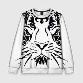 Детский свитшот 3D с принтом Водяной голубоглазый тигр в Новосибирске, 100% полиэстер | свободная посадка, прямой крой, мягкая тканевая резинка на рукавах и понизу свитшота | 2022 | blue eyes | new year | ornament | pattern | predator | strength and tranquility | water tiger | year of the tiger | водяной тигр | год тигра | голубые глаза | новый год | орнамент | сила и спокойствие | узор | хищник