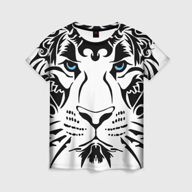 Женская футболка 3D с принтом Водяной голубоглазый тигр в Новосибирске, 100% полиэфир ( синтетическое хлопкоподобное полотно) | прямой крой, круглый вырез горловины, длина до линии бедер | 2022 | blue eyes | new year | ornament | pattern | predator | strength and tranquility | water tiger | year of the tiger | водяной тигр | год тигра | голубые глаза | новый год | орнамент | сила и спокойствие | узор | хищник