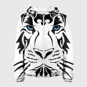 Женская куртка 3D с принтом Водяной голубоглазый тигр в Новосибирске, ткань верха — 100% полиэстер, подклад — флис | прямой крой, подол и капюшон оформлены резинкой с фиксаторами, два кармана без застежек по бокам, один большой потайной карман на груди. Карман на груди застегивается на липучку | 2022 | blue eyes | new year | ornament | pattern | predator | strength and tranquility | water tiger | year of the tiger | водяной тигр | год тигра | голубые глаза | новый год | орнамент | сила и спокойствие | узор | хищник
