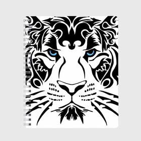 Тетрадь с принтом Водяной голубоглазый тигр в Новосибирске, 100% бумага | 48 листов, плотность листов — 60 г/м2, плотность картонной обложки — 250 г/м2. Листы скреплены сбоку удобной пружинной спиралью. Уголки страниц и обложки скругленные. Цвет линий — светло-серый
 | 2022 | blue eyes | new year | ornament | pattern | predator | strength and tranquility | water tiger | year of the tiger | водяной тигр | год тигра | голубые глаза | новый год | орнамент | сила и спокойствие | узор | хищник