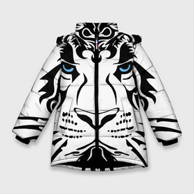 Зимняя куртка для девочек 3D с принтом Водяной голубоглазый тигр в Новосибирске, ткань верха — 100% полиэстер; подклад — 100% полиэстер, утеплитель — 100% полиэстер. | длина ниже бедра, удлиненная спинка, воротник стойка и отстегивающийся капюшон. Есть боковые карманы с листочкой на кнопках, утяжки по низу изделия и внутренний карман на молнии. 

Предусмотрены светоотражающий принт на спинке, радужный светоотражающий элемент на пуллере молнии и на резинке для утяжки. | 2022 | blue eyes | new year | ornament | pattern | predator | strength and tranquility | water tiger | year of the tiger | водяной тигр | год тигра | голубые глаза | новый год | орнамент | сила и спокойствие | узор | хищник