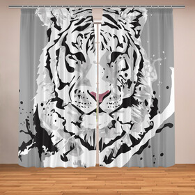 Фотошторы с принтом Белый снежный тигр в Новосибирске, Блэкаут (светозащита 90%) / Габардин (светозащита 40% | 2 полотна шириной по 145 см; Высота 200-300 см; Крепление: шторная лента (на крючки); | 2022 | art | beast | new year | predator | splashes and drops | white tiger | year of the tiger | белый тигр | брызги и капли | год тигра | зверь | искусство | новый год | хищник