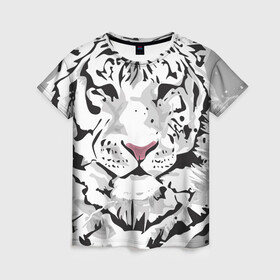Женская футболка 3D с принтом Белый снежный тигр в Новосибирске, 100% полиэфир ( синтетическое хлопкоподобное полотно) | прямой крой, круглый вырез горловины, длина до линии бедер | 2022 | art | beast | new year | predator | splashes and drops | white tiger | year of the tiger | белый тигр | брызги и капли | год тигра | зверь | искусство | новый год | хищник