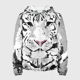 Женская куртка 3D с принтом Белый снежный тигр в Новосибирске, ткань верха — 100% полиэстер, подклад — флис | прямой крой, подол и капюшон оформлены резинкой с фиксаторами, два кармана без застежек по бокам, один большой потайной карман на груди. Карман на груди застегивается на липучку | 2022 | art | beast | new year | predator | splashes and drops | white tiger | year of the tiger | белый тигр | брызги и капли | год тигра | зверь | искусство | новый год | хищник
