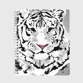 Тетрадь с принтом Белый снежный тигр в Новосибирске, 100% бумага | 48 листов, плотность листов — 60 г/м2, плотность картонной обложки — 250 г/м2. Листы скреплены сбоку удобной пружинной спиралью. Уголки страниц и обложки скругленные. Цвет линий — светло-серый
 | 2022 | art | beast | new year | predator | splashes and drops | white tiger | year of the tiger | белый тигр | брызги и капли | год тигра | зверь | искусство | новый год | хищник