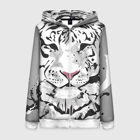 Женская толстовка 3D на молнии с принтом Белый снежный тигр в Новосибирске, 100% полиэстер | длина до линии бедра, манжеты и пояс оформлены мягкой тканевой резинкой, двухслойный капюшон со шнурком для регулировки, спереди молния, по бокам два кармана | 2022 | art | beast | new year | predator | splashes and drops | white tiger | year of the tiger | белый тигр | брызги и капли | год тигра | зверь | искусство | новый год | хищник