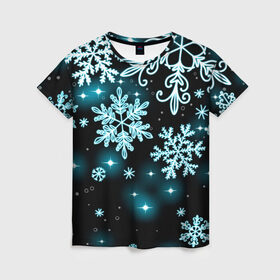Женская футболка 3D с принтом Космические снежинки в Новосибирске, 100% полиэфир ( синтетическое хлопкоподобное полотно) | прямой крой, круглый вырез горловины, длина до линии бедер | christmas | happy new year | merry christmas | neon | new year | snow | snowflakes | winter | декабрь | звезды | зима | зимний орнамент | зимний узор | зимняя ночь | неоновый | новогодний принт | новогодняя ночь | новый год | ночь | подарок