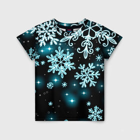 Детская футболка 3D с принтом Космические снежинки в Новосибирске, 100% гипоаллергенный полиэфир | прямой крой, круглый вырез горловины, длина до линии бедер, чуть спущенное плечо, ткань немного тянется | christmas | happy new year | merry christmas | neon | new year | snow | snowflakes | winter | декабрь | звезды | зима | зимний орнамент | зимний узор | зимняя ночь | неоновый | новогодний принт | новогодняя ночь | новый год | ночь | подарок