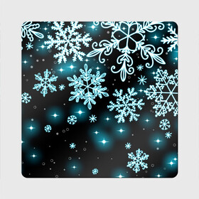 Магнит виниловый Квадрат с принтом Космические снежинки в Новосибирске, полимерный материал с магнитным слоем | размер 9*9 см, закругленные углы | Тематика изображения на принте: christmas | happy new year | merry christmas | neon | new year | snow | snowflakes | winter | декабрь | звезды | зима | зимний орнамент | зимний узор | зимняя ночь | неоновый | новогодний принт | новогодняя ночь | новый год | ночь | подарок