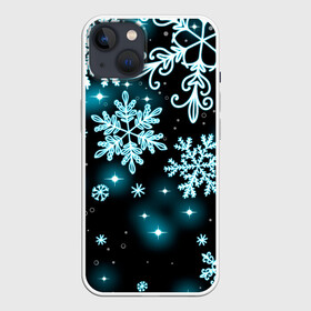 Чехол для iPhone 13 с принтом Космические снежинки в Новосибирске,  |  | christmas | happy new year | merry christmas | neon | new year | snow | snowflakes | winter | декабрь | звезды | зима | зимний орнамент | зимний узор | зимняя ночь | неоновый | новогодний принт | новогодняя ночь | новый год | ночь | подарок