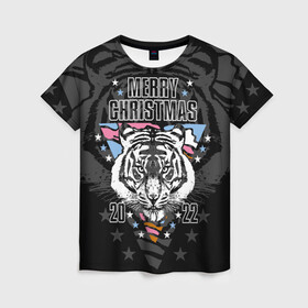 Женская футболка 3D с принтом Merry Christmas 2022 в Новосибирске, 100% полиэфир ( синтетическое хлопкоподобное полотно) | прямой крой, круглый вырез горловины, длина до линии бедер | 2022 | beast | merry christmas | new year | predator | stars | stern look | white tiger | year of the tiger | белый тигр | год тигра | звезды | зверь | новый год | суровый взгляд | хищник