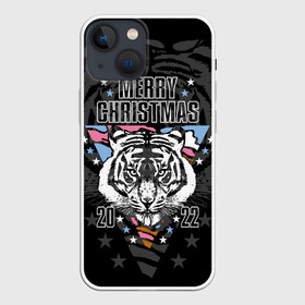 Чехол для iPhone 13 mini с принтом Merry Christmas 2022 в Новосибирске,  |  | 2022 | beast | merry christmas | new year | predator | stars | stern look | white tiger | year of the tiger | белый тигр | год тигра | звезды | зверь | новый год | суровый взгляд | хищник