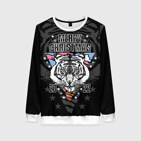 Женский свитшот 3D с принтом Merry Christmas 2022 в Новосибирске, 100% полиэстер с мягким внутренним слоем | круглый вырез горловины, мягкая резинка на манжетах и поясе, свободная посадка по фигуре | 2022 | beast | merry christmas | new year | predator | stars | stern look | white tiger | year of the tiger | белый тигр | год тигра | звезды | зверь | новый год | суровый взгляд | хищник