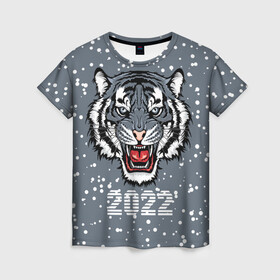 Женская футболка 3D с принтом Водяной тигр 2022 в Новосибирске, 100% полиэфир ( синтетическое хлопкоподобное полотно) | прямой крой, круглый вырез горловины, длина до линии бедер | 2022 | beast | fangs | merry christmas | new year | predator | snow | stars | stern grin | water tiger | winter | year of the tiger | водяной тигр | год тигра | звезды | зверь | зима | клыки | новый год | снег | суровый оскал | хищник