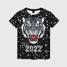 Женская футболка 3D с принтом Черный водяной тигр 2022 в Новосибирске, 100% полиэфир ( синтетическое хлопкоподобное полотно) | прямой крой, круглый вырез горловины, длина до линии бедер | 2022 | beast | black water tiger | fangs | merry christmas | new year | predator | snow | stern grin | winter | year of the tiger | год тигра | зверь | зима | клыки | новый год | снег | суровый оскал | хищник | черный водяной тигр