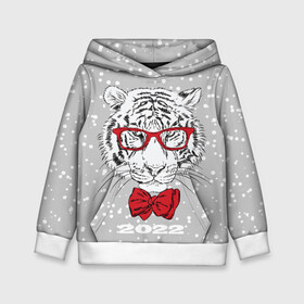 Детская толстовка 3D с принтом Белый тигр с красным бантом в Новосибирске, 100% полиэстер | двухслойный капюшон со шнурком для регулировки, мягкие манжеты на рукавах и по низу толстовки, спереди карман-кенгуру с мягким внутренним слоем | 2022 | animal | fangs | merry christmas | new year | predator | red bow | severe grin | snow | white water tiger | winter | year of the tiger | белый водяной тигр | год тигра | зверь | зима | клыки | красный бант | новый год | очки | снег | суро